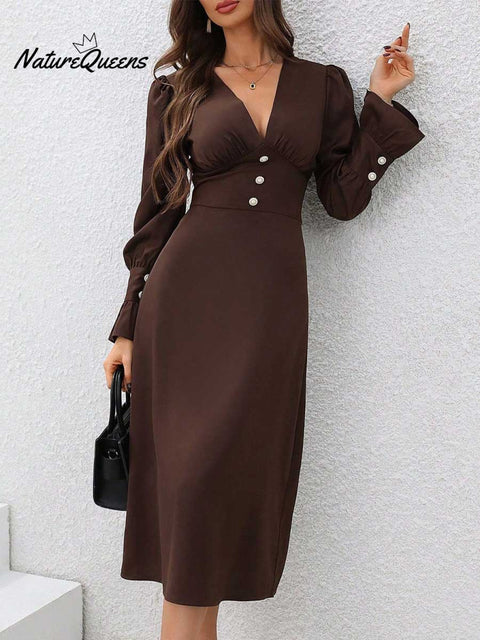 Women's Solid Color Elegant V-neck Shirt Dress