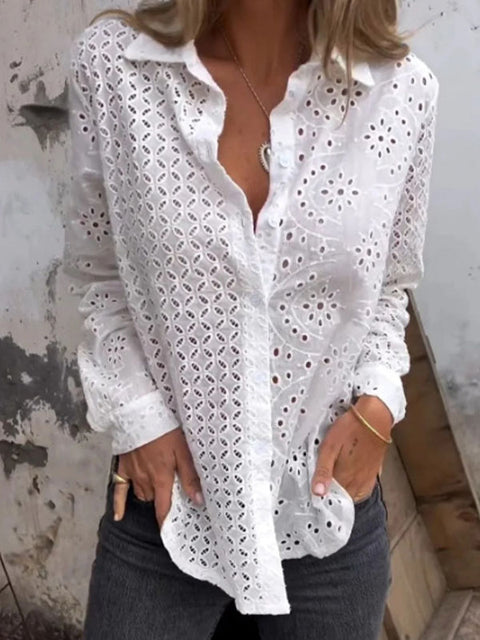 Women's Openwork Printed Loose Button Mesh Fashionable Top Shirt
