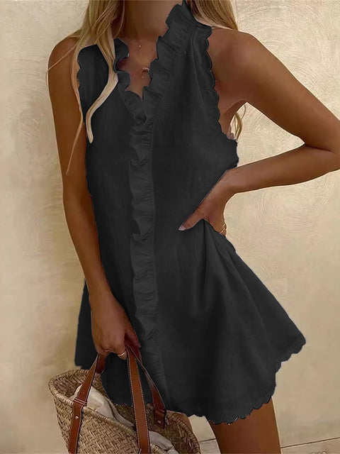 Women's Casual Cotton-Linen Solid Color Dress with Embroidered Ruffles