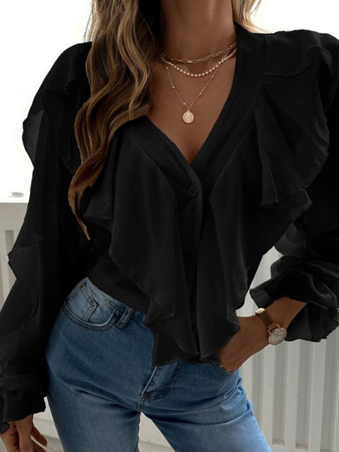 Women's V-neck Ruffled Blouse With Long Sleeves