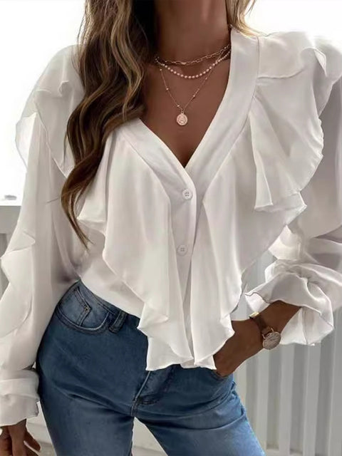 Women's V-neck Ruffled Blouse With Long Sleeves