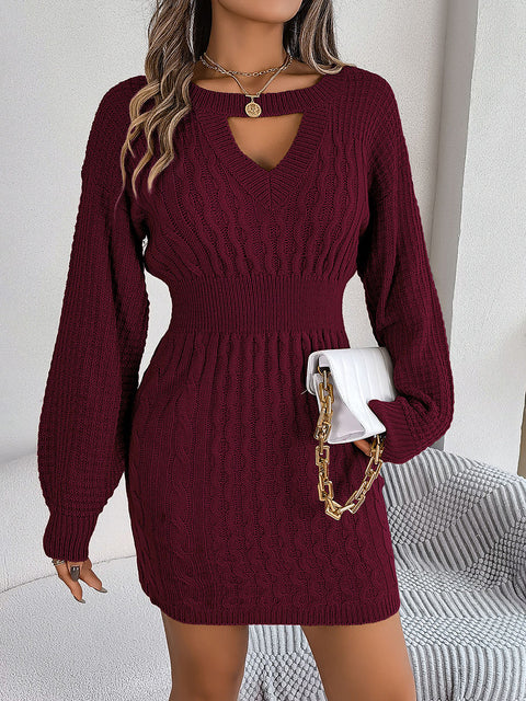 Women's Hollow Lantern Sleeve Hip Sweater Dress