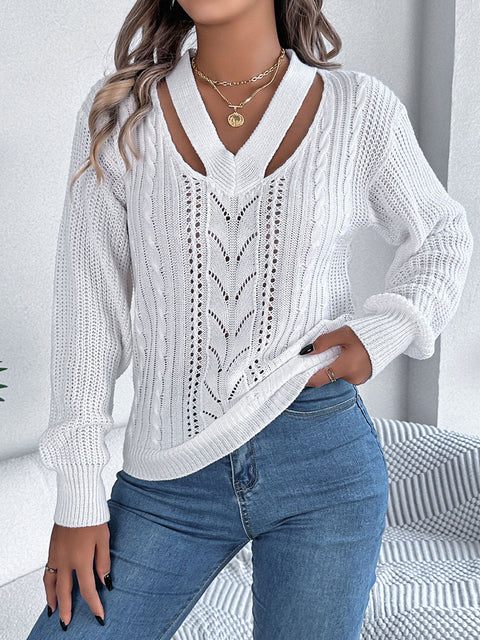 Women's Hollow V-Neck Lantern Sleeve Pullover Sweater
