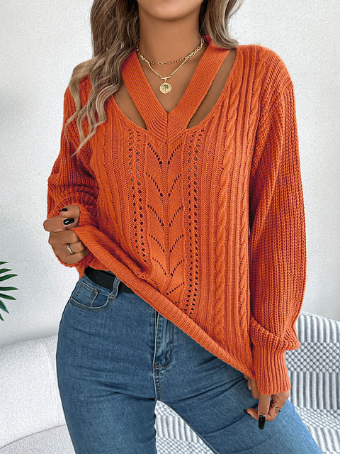 Women's Hollow V-Neck Lantern Sleeve Pullover Sweater