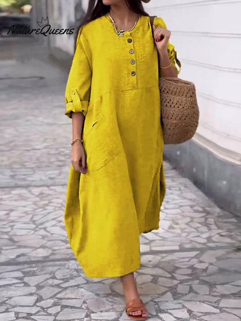 Women's Round Neck Cotton And Linen Long-Sleeved Dress