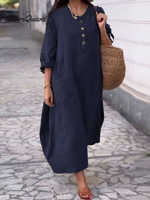 Women's Round Neck Cotton And Linen Long-Sleeved Dress