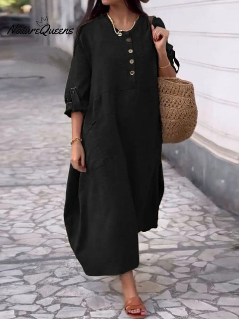 Women's Round Neck Cotton And Linen Long-Sleeved Dress