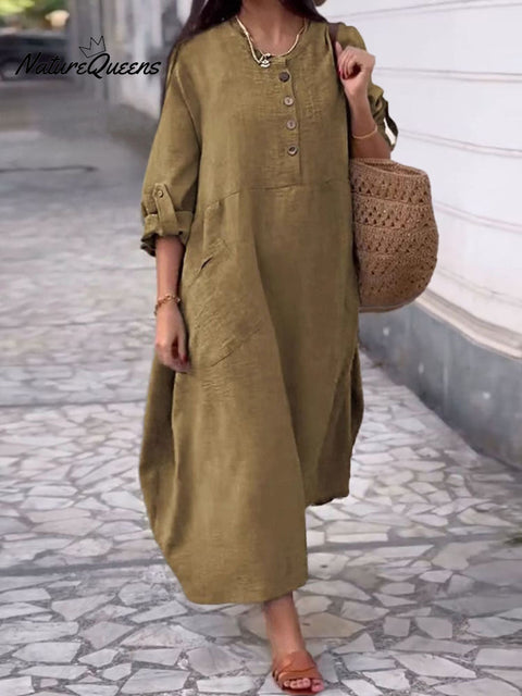 Women's Round Neck Cotton And Linen Long-Sleeved Dress