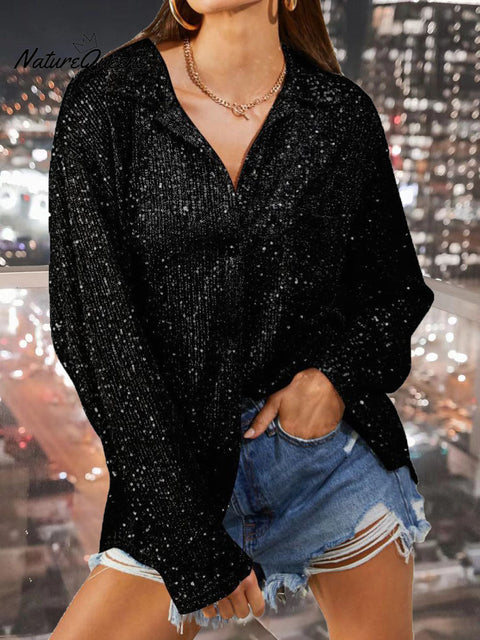 Women's Sequined Long Sleeve Lapel Shirt