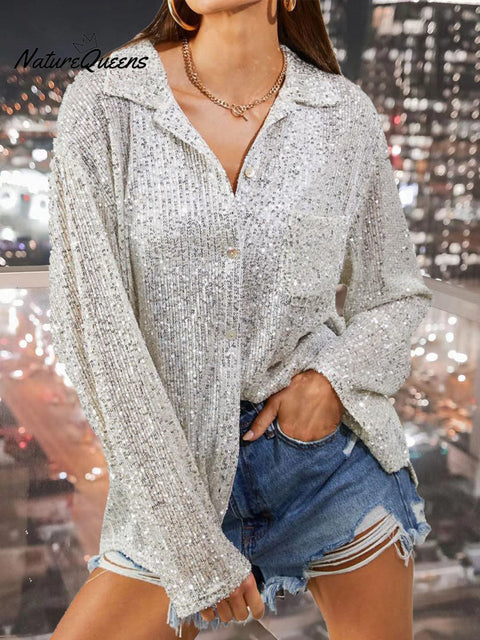 Women's Sequined Long Sleeve Lapel Shirt