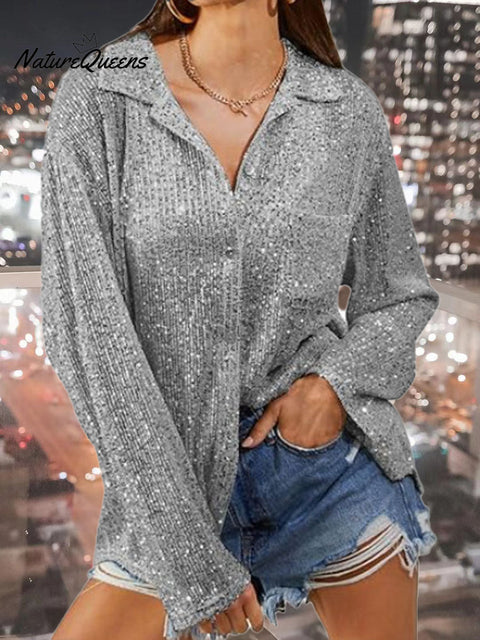 Women's Sequined Long Sleeve Lapel Shirt