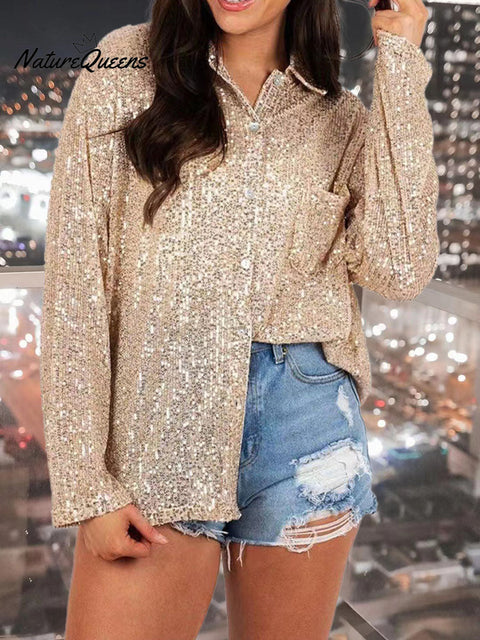 Women's Sequined Long Sleeve Lapel Shirt