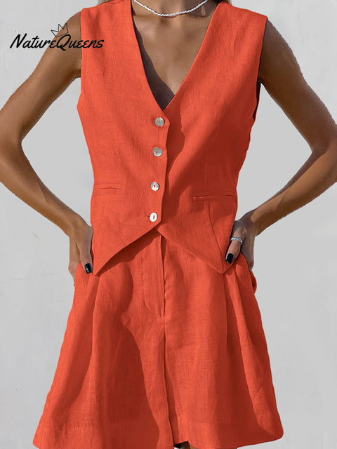 Women's Cotton And Linen Suit Vest Two-Piece Suit