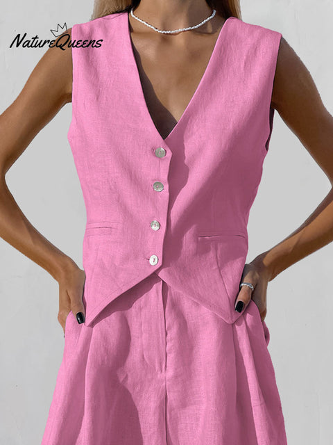 Women's Cotton And Linen Suit Vest Two-Piece Suit