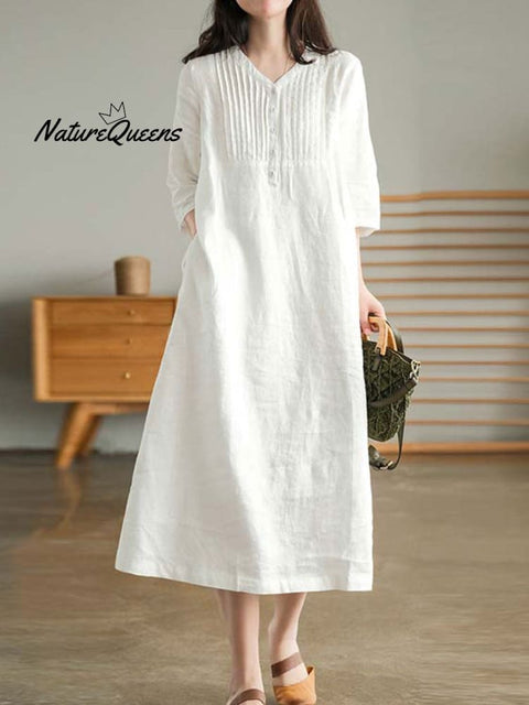 Women's Loose Spliced Solid Color Cotton And Linen V-neck dress