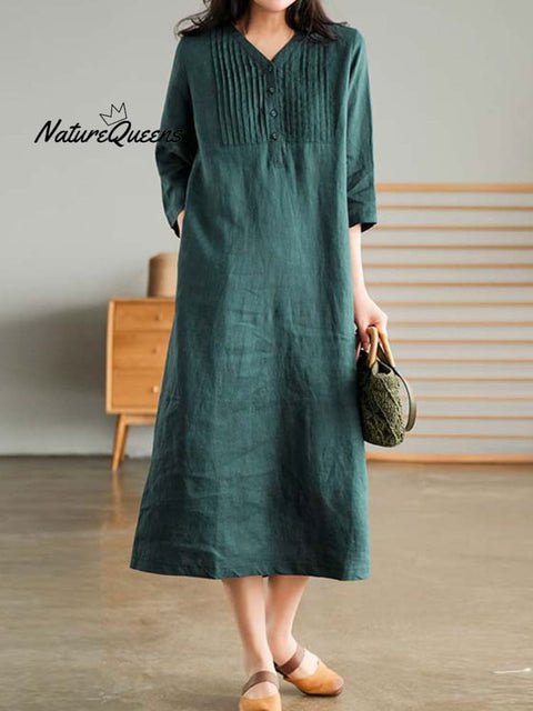 Women's Loose Spliced Solid Color Cotton And Linen V-neck dress