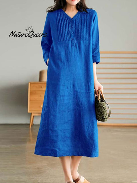 Women's Loose Spliced Solid Color Cotton And Linen V-neck dress