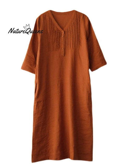 Women's Loose Spliced Solid Color Cotton And Linen V-neck dress