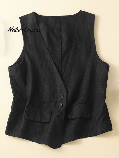 Women's V-neck Casual Sleeveless Vest Cotton And Linen Vest Jacket