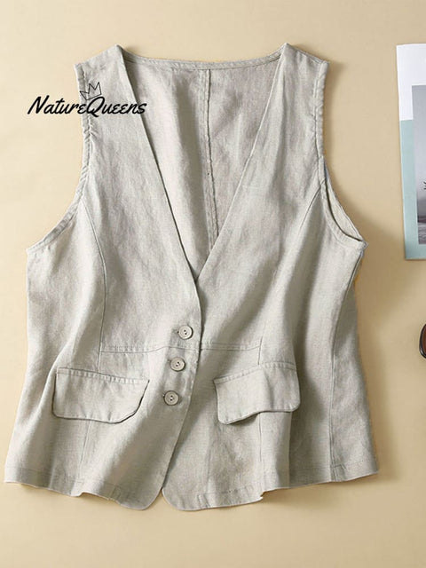 Women's V-neck Casual Sleeveless Vest Cotton And Linen Vest Jacket