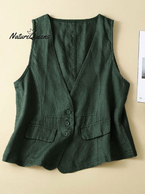 Women's V-neck Casual Sleeveless Vest Cotton And Linen Vest Jacket