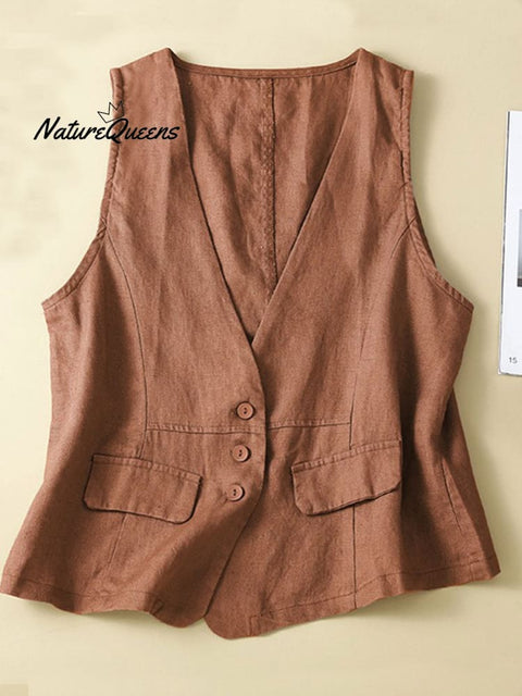 Women's V-neck Casual Sleeveless Vest Cotton And Linen Vest Jacket