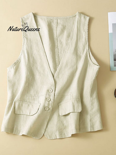Women's V-neck Casual Sleeveless Vest Cotton And Linen Vest Jacket