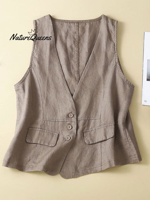 Women's V-neck Casual Sleeveless Vest Cotton And Linen Vest Jacket