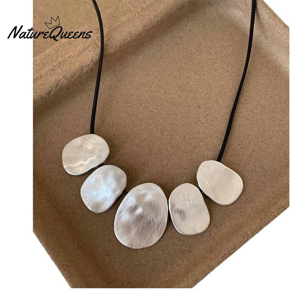 Women's Irregular Brushed Metal Pendant Pull-out Black Rope Necklace