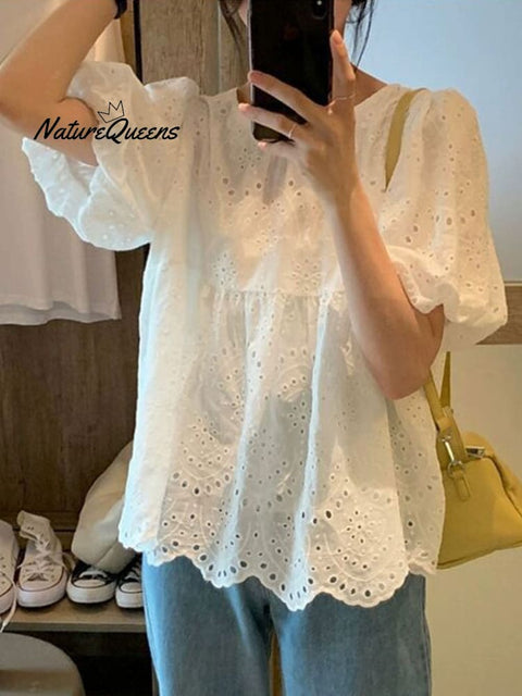 Women's Embroidered Hollow Bubble Casual Shirt