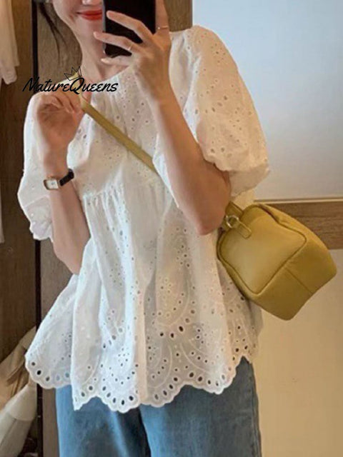 Women's Embroidered Hollow Bubble Casual Shirt
