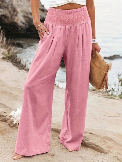 Women's Pink Pleated Cotton And Linen Casual Pants