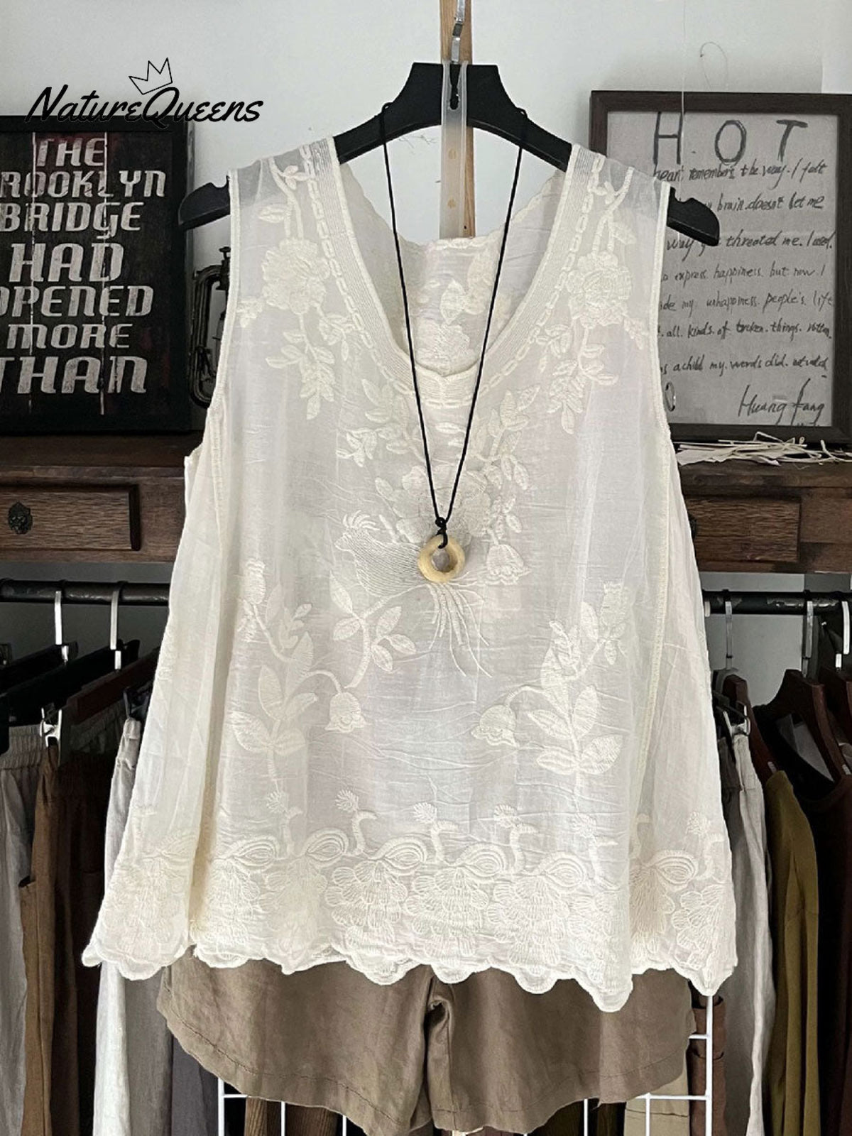 Women'sVintage Lace Sleeveless Cotton and Linen Vest Top