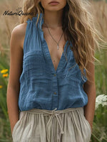 Women'sCotton and Linen Solid Color V-Neck Pocket Sleeveless Shirt