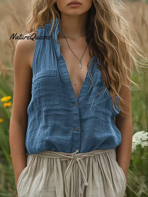 Women's  Cotton and Linen Solid Color V-Neck Pocket Sleeveless Shirt