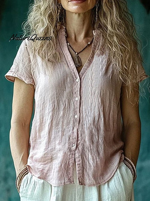 Women's  Casual Cotton And Linen  Short Sleeve  Shirt