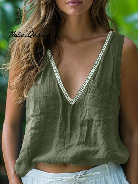 Women's  Sleeveless Cotton and Linen Solid Color V-Neck Pocket Vest