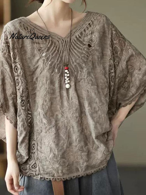 Women's  Cotton Hollow Crochet Bat Sleeve Top