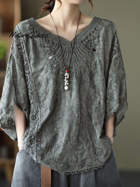 Women's  Cotton Hollow Crochet Bat Sleeve Top