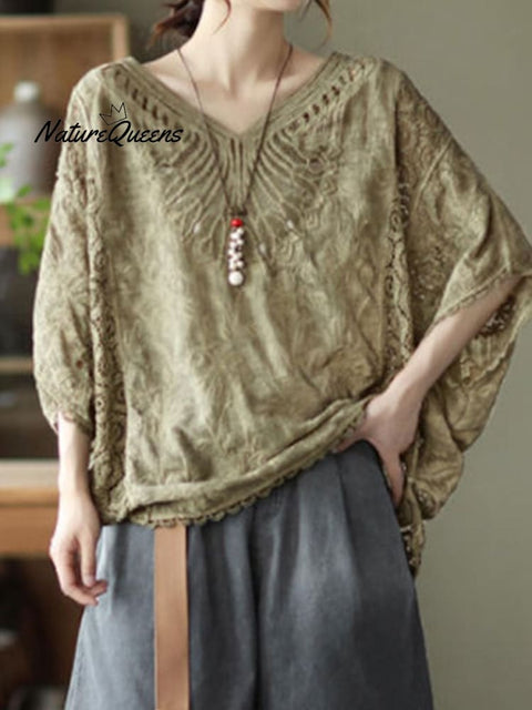 Women's  Cotton Hollow Crochet Bat Sleeve Top