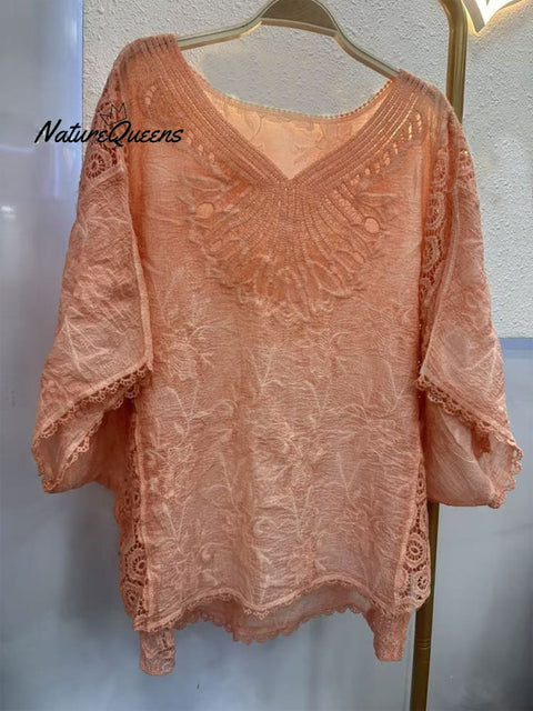 Women's  Cotton Hollow Crochet Bat Sleeve Top
