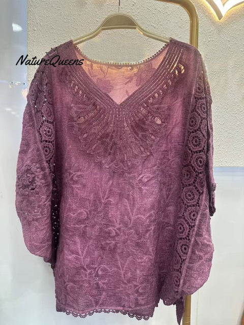 Women's  Cotton Hollow Crochet Bat Sleeve Top