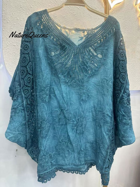 Women's  Cotton Hollow Crochet Bat Sleeve Top