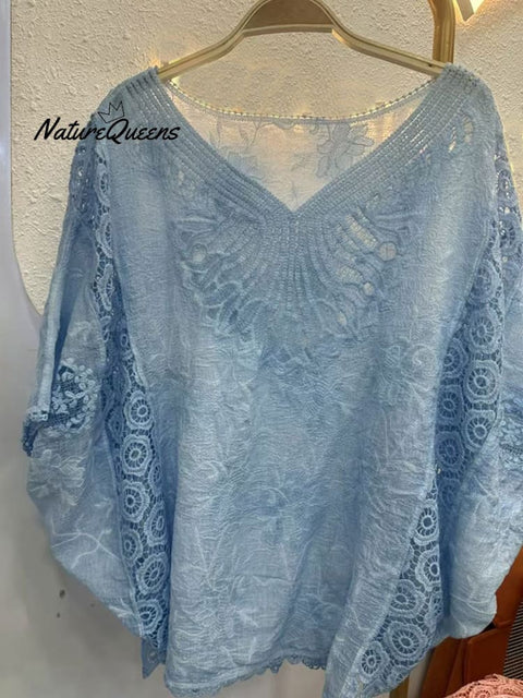 Women's  Cotton Hollow Crochet Bat Sleeve Top
