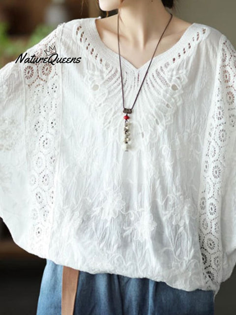 Women's  Cotton Hollow Crochet Bat Sleeve Top
