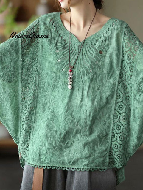 Women's  Cotton Hollow Crochet Bat Sleeve Top