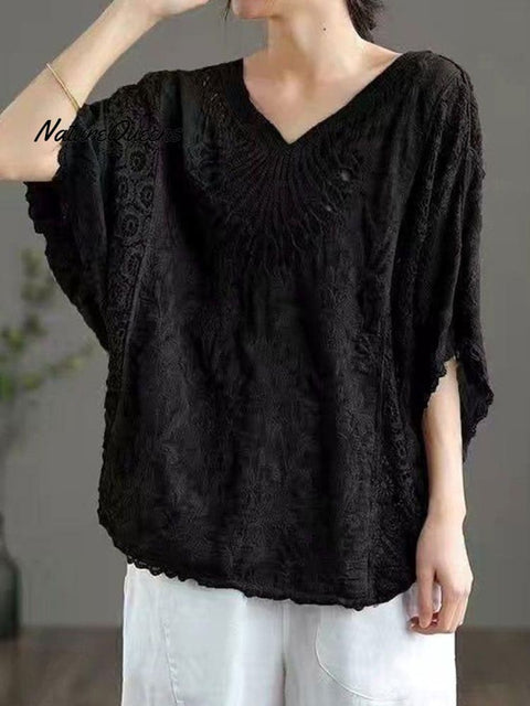 Women's  Cotton Hollow Crochet Bat Sleeve Top