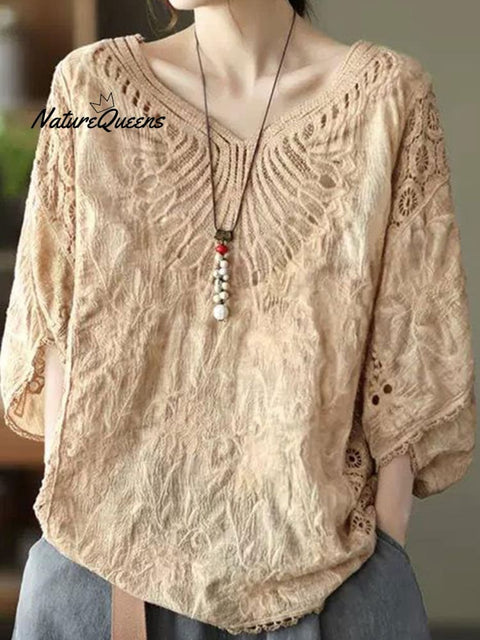 Women's  Cotton Hollow Crochet Bat Sleeve Top