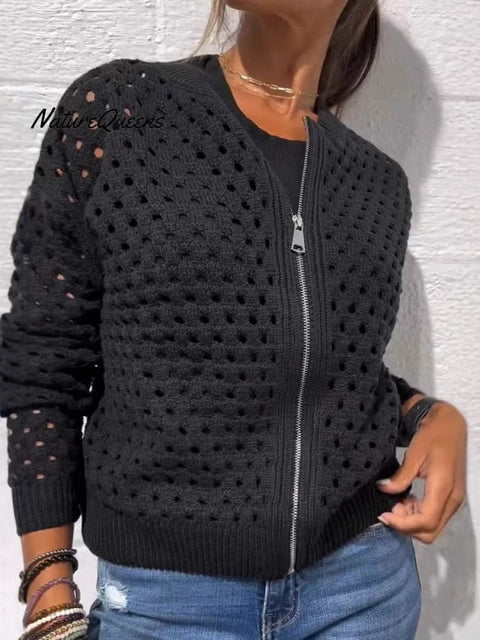 Women's Open-knit Zip-up Casual Jacket