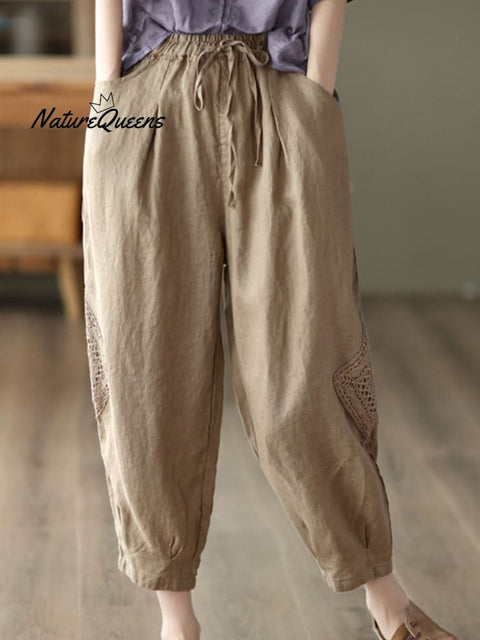 Women's  Lace Stitching Cotton And Linen Casual Pants